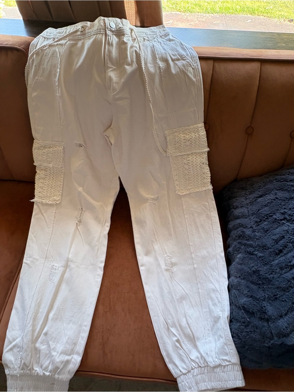 POL White Cargo Pants with Lace Patch Pockets